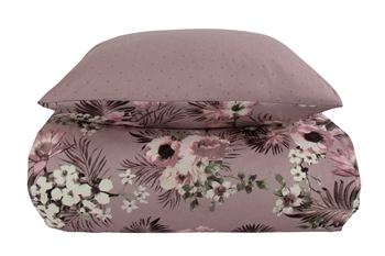 Sengetøj dobbeltdyne - 200x200 cm - Vendbart design i 100% Bomuldssatin - Flowers & Dots lavendel - Sengesæt fra By Night