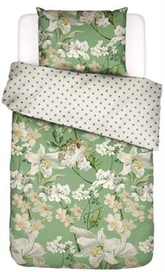 Blomstret sengetøj 140x220 cm - Rosalee Basil - Grønt sengetøj - 2 i 1 design - 100% Bomuldssatin - Essenza 