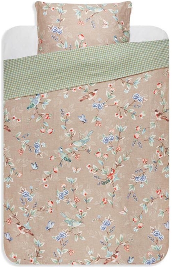 Pip studio sengetøj - 140x200 cm - Birdy Khaki - Blomstret sengetøj med 2 i 1 - 100% Bomuldsflonel sengesæt