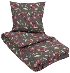 Blomstret sengetøj 200x220 cm - Dobbeltdyne sengetøj - Flower Red - Gråt sengetøj - 100% Bomuld