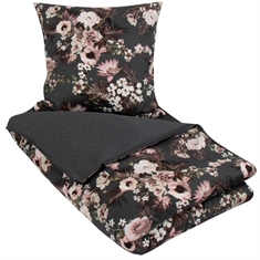 Økologisk sengetøj - 140x200 cm - Flowers & Dots - Gråt sengesæt - Vendbar sengelinned i 100%  Bomuldssatin 