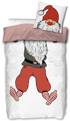 Jule sengetøj 140x220 cm - Sengesæt med nisse - Stribet sengetøj - Vendbar design - 100% bomuld 