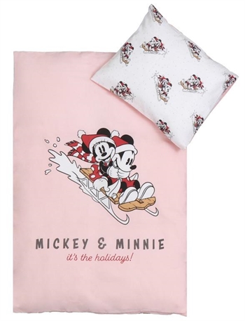 Jule sengetøj til baby 70x100 cm  - Mickey og Minnie - Julemotiv Rosa - 100% bomuld 