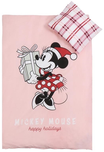 Julesengetøj junior - 100x140cm - 100% blødt bomuld - Minnie Mouse med julegave og nissehue 