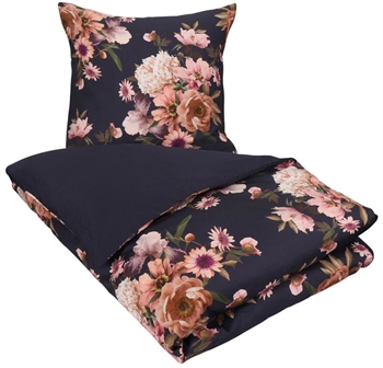 Blomstret sengetøj - 140x220 cm - Dark blue flower - 2 i 1 design - Sengesæt i 100% Bomuldssatin - Excellent By Borg