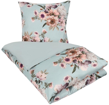 Blomstret sengetøj - 140x220 cm - Blue flower - 2 i 1 design - Sengesæt i 100% Bomuldssatin - Excellent By Borg