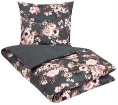 Blomstret sengetøj - 140x220 cm - Blomster og prikker - 100% Bomuldssatin sengetøj - 2 i 1 design - By Night