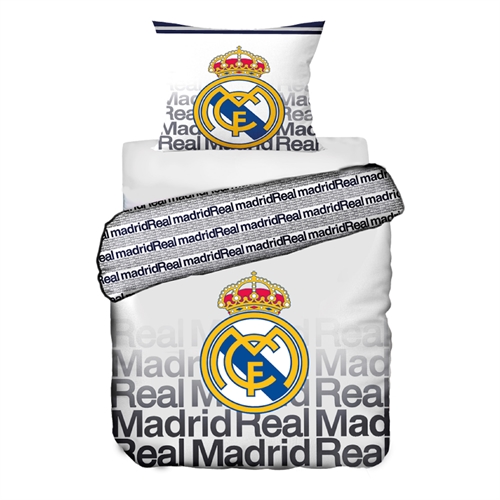 Real Madrid sengetøj - Hvidt vendbart sengesæt med logo og tekst - 140x200 cm - 100% bomulds sengelinned - Fodbold sengetøj