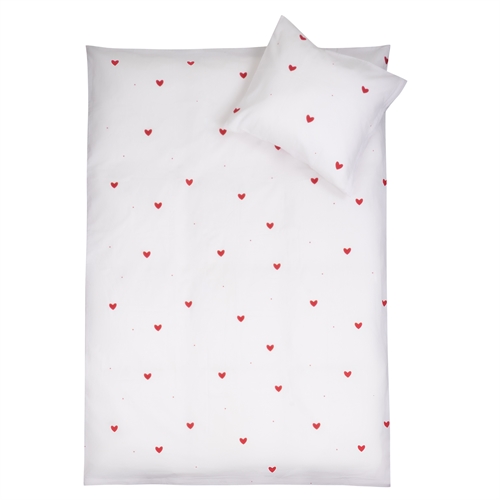 Junior sengetøj 100% bomuld - 100x140 cm - Hvidt sengesæt med fine røde hjerter - Nordstrand Home blødt dynebetræk