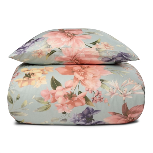 Blomstret kingsize sengetøj 240x220 cm - 100% Blødt bomuldssatin - Lyseblå - By Night sengesæt - Summer Bloom