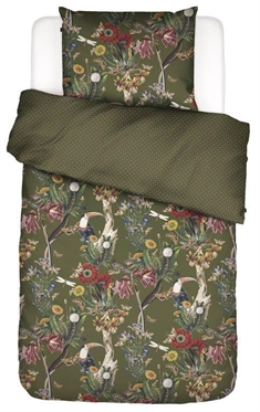 Blomstret sengetøj 140x220 cm - Airen Moss - Grønt sengetøj - 2 i 1 design - 100% Bomuldssatin - Essenza