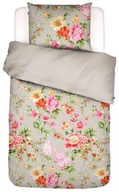 Blomstret sengetøj 140x220 cm - Claudi Stone - Gråt sengetøj - 2 i 1 design - 100% bomuldssatin - Essenza 