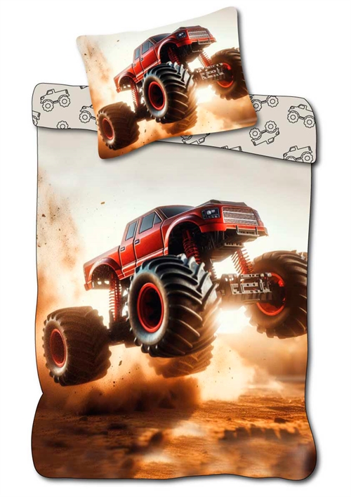 Børne sengetøj 140x200 cm - Vendbart sengesæt med en monstertruck - 100% blødt bomulds sengelinned