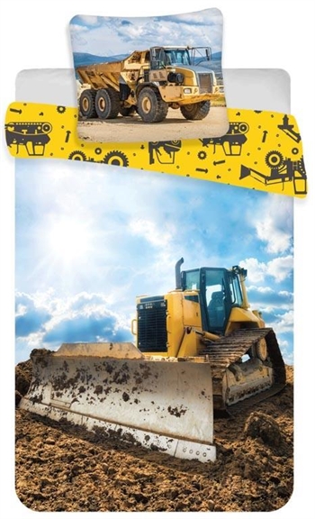 Junior sengetøj 100x140 cm - Bulldozer - sengesæt med \'gravemaskine\' - 2 i 1 design - 100% bomuld