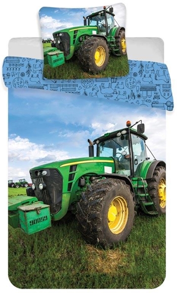 Junior sengetøj 100x140 cm - Vendbart sengesæt med en grøn traktor - 100% blødt bomulds sengelinned