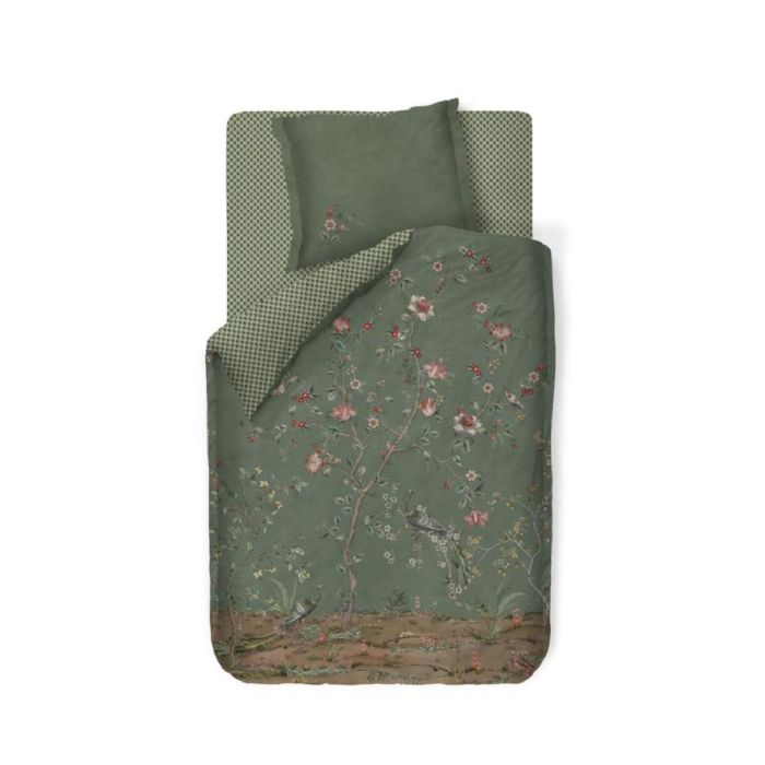 Blomstret sengetøj 140x220 cm - Grønt vendbart sengesæt i 100% blød bomuld - Okinawa green - Pip Studio sengelinned