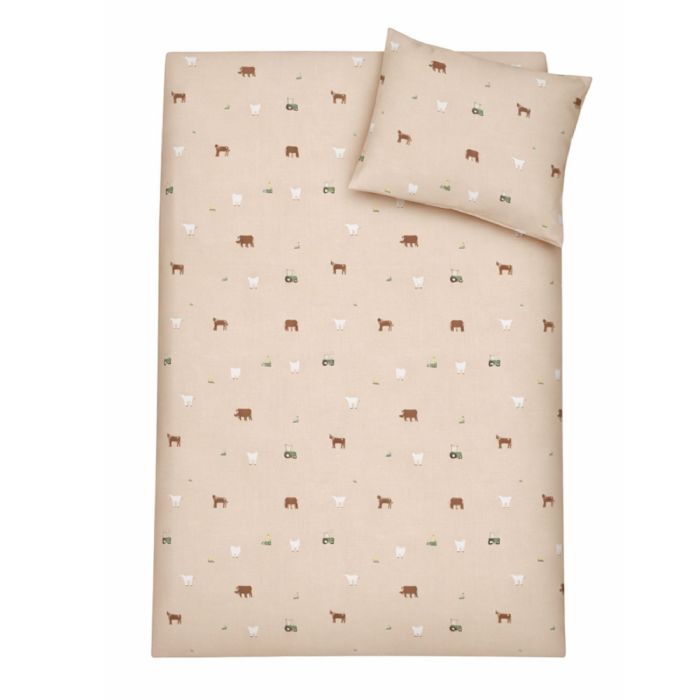 Bondegårdsmotiv sengetøj - 100% bomuld - Junior sengetøj 100x140 cm - Beige med bondegårdsmotiver
