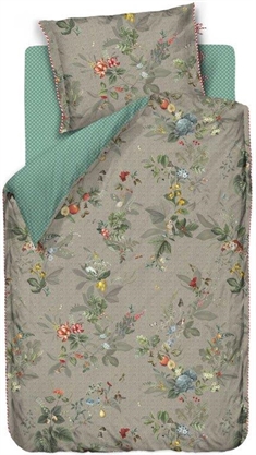 Pip Studio sengetøj - 140x220 cm - Leaf khaki grøn - Blomstret sengetøj - Vendbar dynebetræk i 100% bomuld
